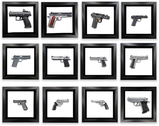 Wall art museum quality canvas art prints for home decoration  at GTA ART, the photo shows a set of 12 Mini Framed guns