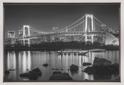  Gorgeous Rainbow Bridge with Tokyo Skyline in the evening - monochrome Wall Artwork In Black Floating Frame