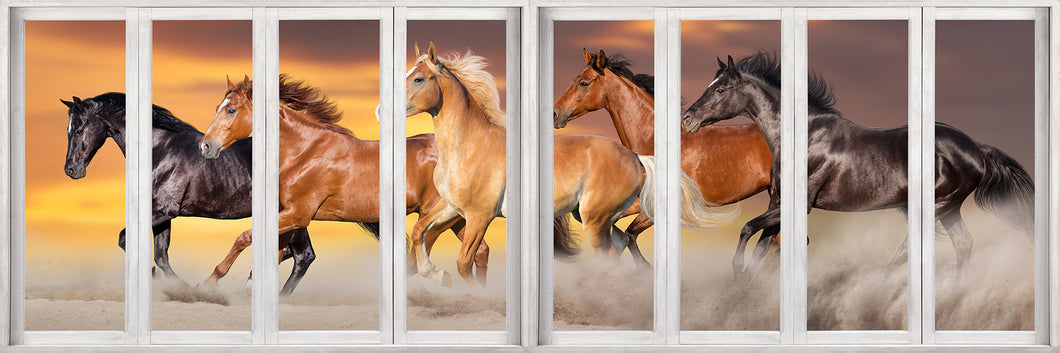 Panoramic Team of Horses with window effect- Animal Print Canvas